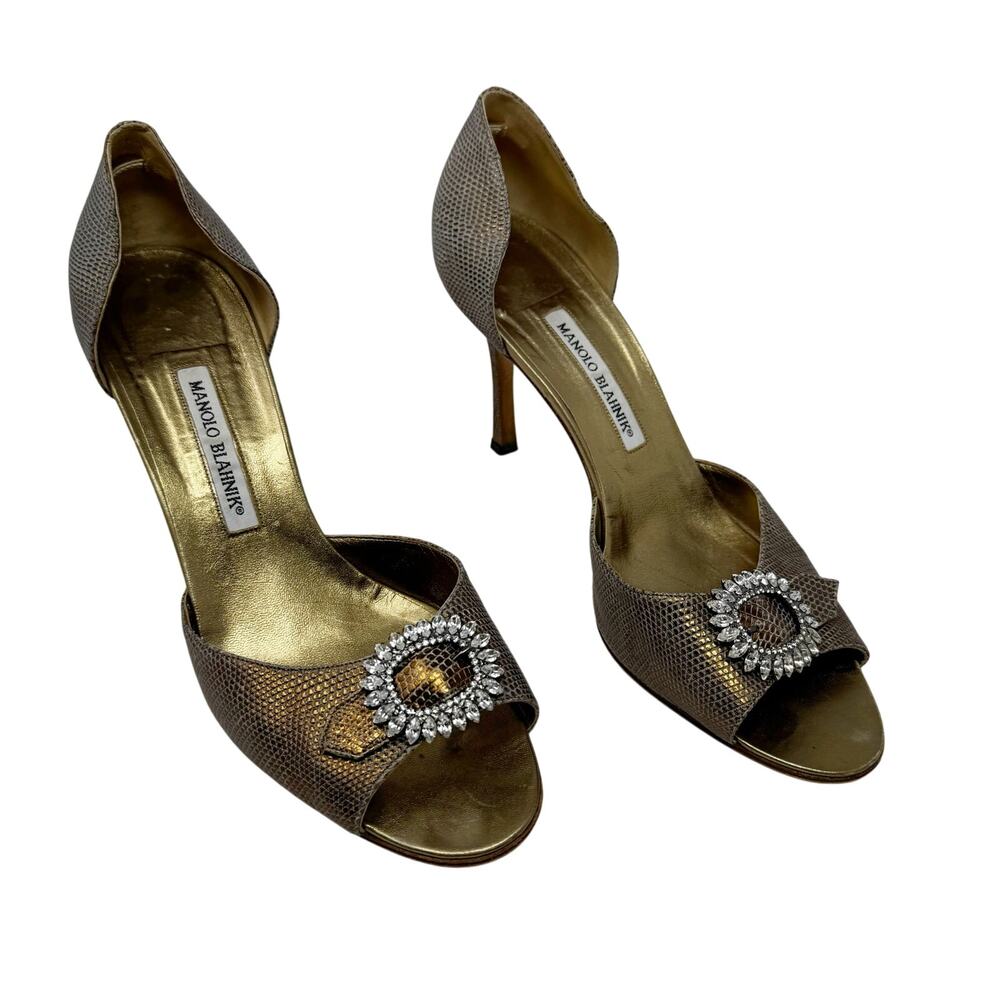 Manolo Blahnik Bronze Sedaraby Style Jeweled Buckle Vintage Y2K Heels Size 40.5